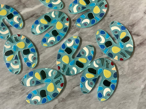 Blue Terrazzo  Rainbow Mosaic Beads, U cutout acrylic 40mm Earring Necklace pendant bead one hole top, acrylic circular jewelry black blue