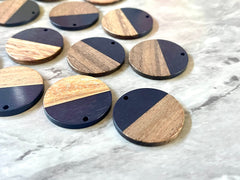 Wood Grain + Navy Blue resin Beads, round cutout acrylic 29mm Earring Necklace pendant bead, one hole at top DIY wooden blanks