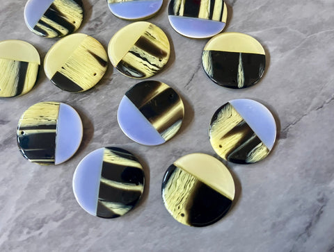 REVERSIBLE Periwinkle Yellow Resin + Black print wavy cutout acrylic 28mm Earring Necklace pendant bead one hole top print round