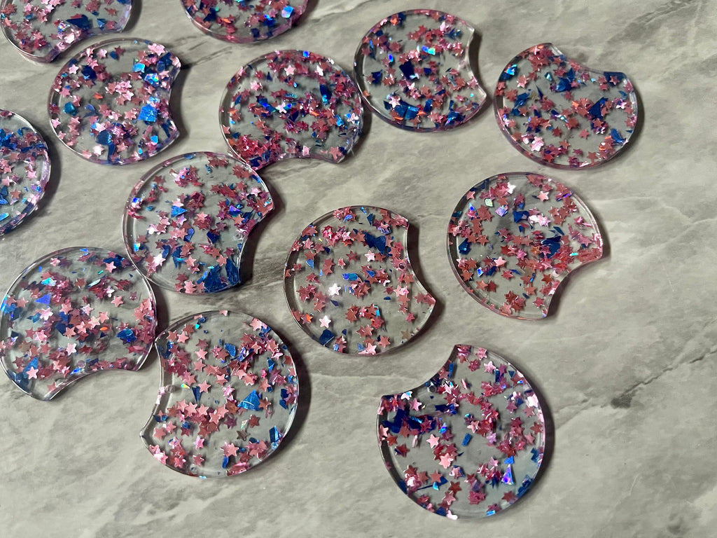 Pink Star & Blue Confetti Resin Beads, circle cutout acrylic 36mm Earring Necklace pendant bead, one hole at top, jewelry acrylic DIY