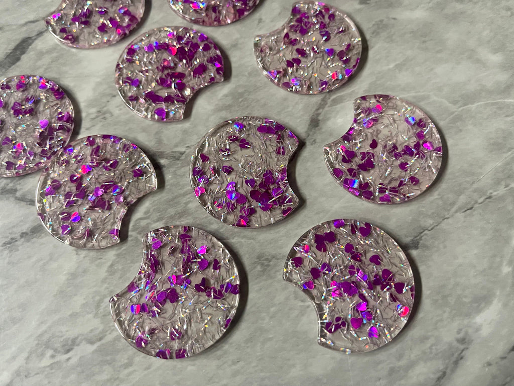 Purple Heart & Silver Confetti Resin Beads, circle cutout acrylic 36mm Earring Necklace pendant bead, one hole at top, jewelry acrylic DIY