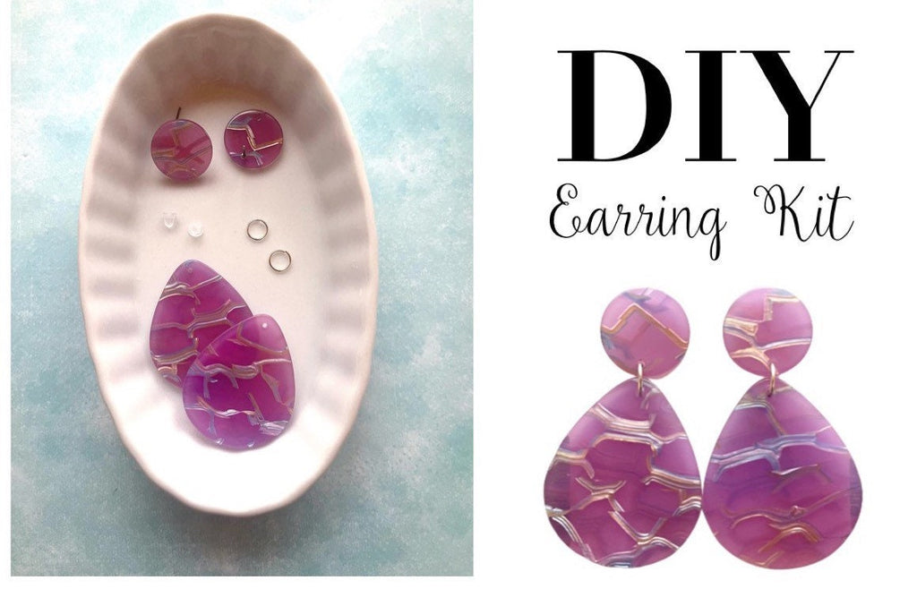 DIY statement Earrings Kit, purple statement earring makers kit geometric floral boutique earrings, kids activity, summer craft box activity