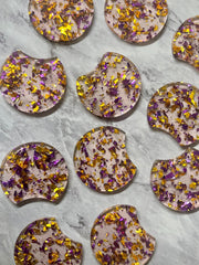 Purple & Gold Confetti Resin Beads, circle cutout acrylic 36mm Earring Necklace pendant bead, one hole at top, Gold jewelry acrylic DIY