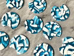 Blue & White Mosaic Beads, circle cutout acrylic 36mm Earring Necklace pendant bead one hole top, football basketball acrylic circular