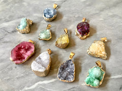 Raw geode with gold edge pendants, colorful glass pendants, 1 hole pendants, long necklace, wire wrapped pendant, wrapping pendant necklace