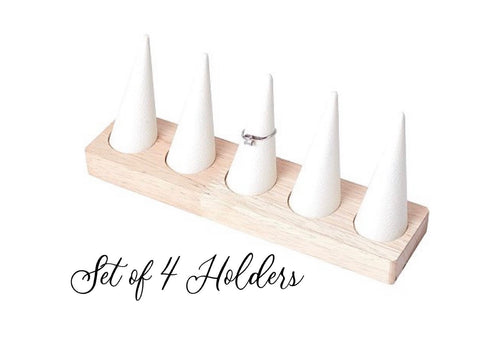 WHOLESALE set of 4 ring holders, jewelry craft display, craft show wood cone, 20 total cones faux leather and wood jewelry holder