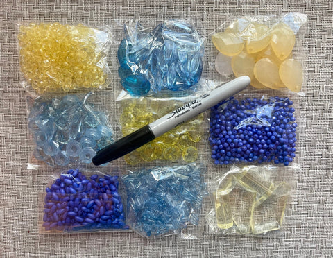 WHOLESALE 9 Bag Sale Lot, Top Drilled Blue Yellow Beads, clearance bead soup set, teardrop acrylic resin bead last chance