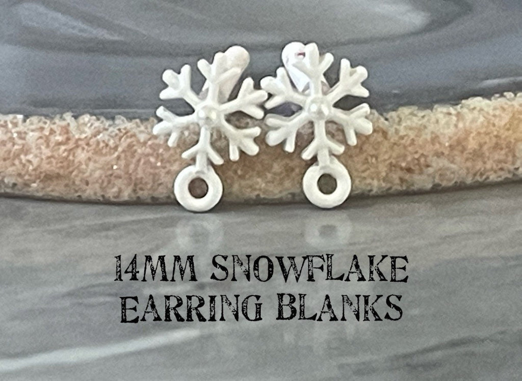 14mm Snowflake post earring blanks, gold drop earring, pearl stud earring, gold jewelry, gold dangle DIY making Christmas holiday winter