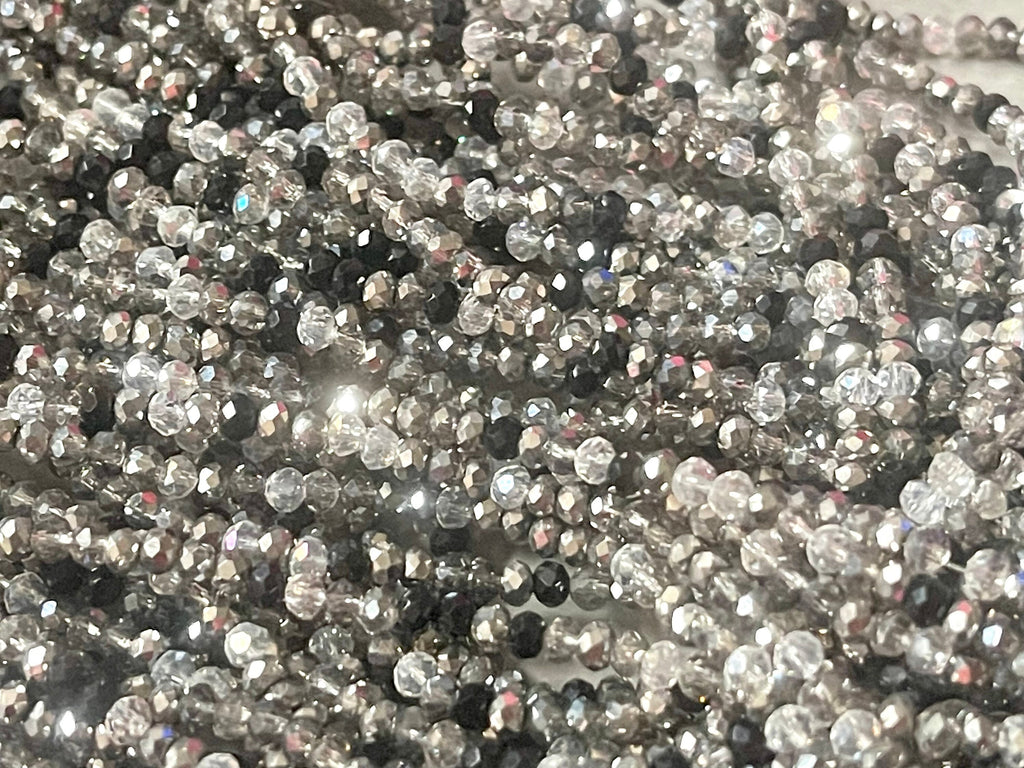 WHOLESALE! Goth Glam Black White Gray Glass Beads Strands 3mm Faceted Rondelle Bead strands, 16 inch strands 190 beads per strands