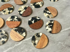 Wood Grain art deco resin Beads, round cutout acrylic 28mm Earring Necklace pendant bead, one hole top DIY wooden blanks black cream circle