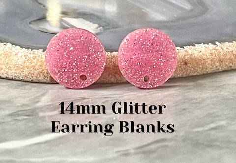 14mm Pink GLITTER post earring blanks drop earring, stud jewelry dangle DIY earrings making round resin, confetti circle rainbow blanks