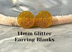 14mm Gold GLITTER post earring blanks drop earring, stud jewelry dangle DIY earrings making round resin, confetti circle rainbow blanks