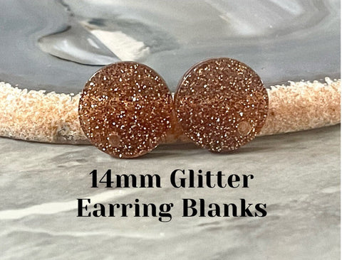 14mm chocolate GLITTER post earring blanks drop brown, stud jewelry dangle DIY earrings making round resin, confetti circle rainbow blanks