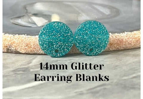 14mm Aqua GLITTER post earring blanks drop blue, stud jewelry dangle DIY earrings making round resin, confetti circle rainbow blanks teal