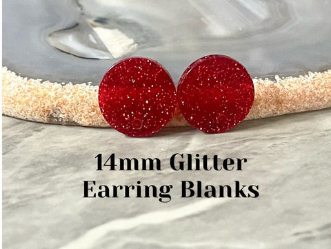 14mm Red GLITTER post earring blanks drop earring, stud jewelry dangle DIY earrings making round resin, confetti circle rainbow blanks