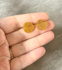 14mm Gold GLITTER post earring blanks drop earring, stud jewelry dangle DIY earrings making round resin, confetti circle rainbow blanks
