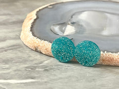 14mm Aqua GLITTER post earring blanks drop blue, stud jewelry dangle DIY earrings making round resin, confetti circle rainbow blanks teal