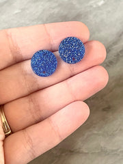 14mm Royal GLITTER post earring blanks drop blue, stud jewelry dangle DIY earrings making round resin, confetti circle rainbow blanks teal