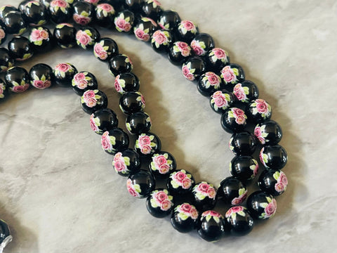 WHOLESALE flower hand painted porcelain beads, pink & black ceramic Beads, stone 8mm beads jewelry bracelet bangle necklace