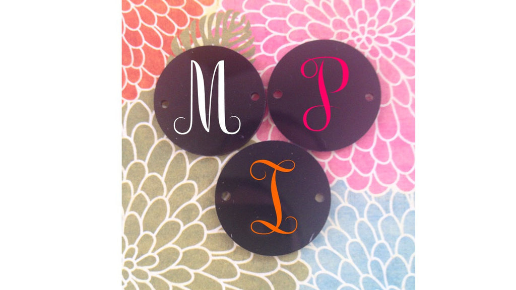 Circular Monogram Black Disc Beads - choose letter choice- discs for bangle making with 2 holes cut out - 1.25 inches across - Swoon & Shimmer - 1