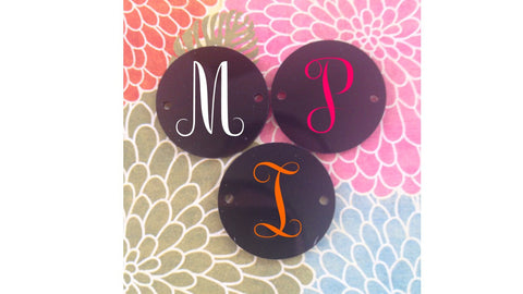 Circular Monogram Black Disc Beads - choose letter choice- discs for bangle making with 2 holes cut out - 1.25 inches across - Swoon & Shimmer - 1