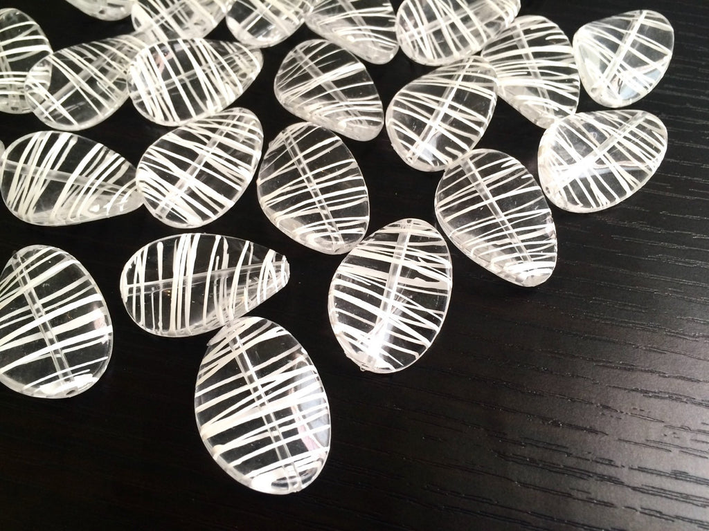 Clear Oval Beads handpainted with white stripes - 36mm bangle, statement necklace, or earring beads - Swoon & Shimmer - 1