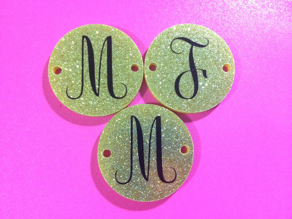 Circular Monogram Gold Glitter Disc Beads - choose letter choice- discs for bangle making with 2 holes cut out - 1.25 inches across - Swoon & Shimmer - 1