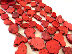 Flat Magnesite Chunky Beads in Red  - Nugget Dyed Beads for wire bangle Tassel bracelet jewelry makers