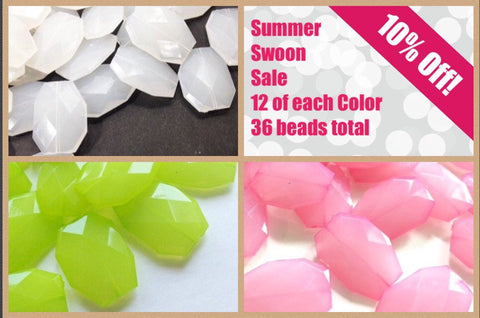 Summer Bead Bag - SALE! - Blush Pink Kiwi Green White 34x24mm Beads - Acrylic Nugget Jewelry Making Supplies Wire Bangle Bracelet