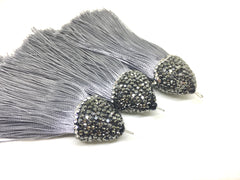 Gray Tassels, tassel earrings, Bejeweled Tassels, 3.25 Inch 85mm Tassel, gray jewelry, tassel necklace, gray necklace, silk tassel